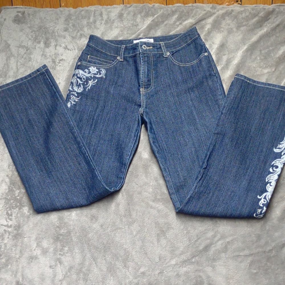 Chico's Platinum Denim Rhinestone Embossed Jeans  - Size 0 regular flare